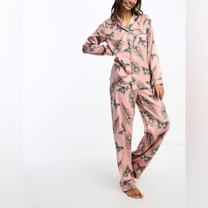 Luxurious Satin Butterfly and Peacock Long Pajama Set In Blush Pink
